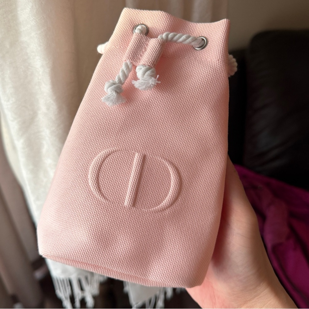 Dior pink fabric drawstring make up bag